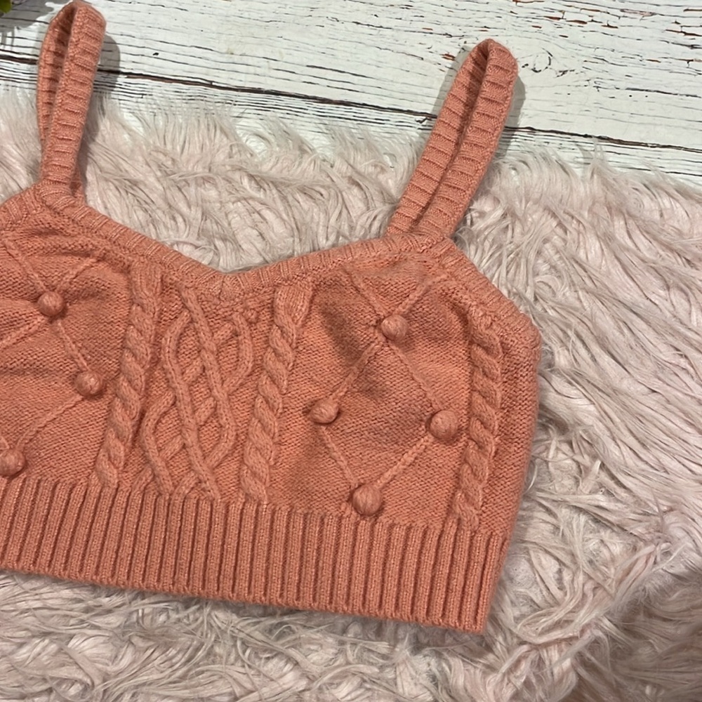 For Love & Lemons Pink Cable-Knit Pom Crop Tank Top - Picture 5 of 8